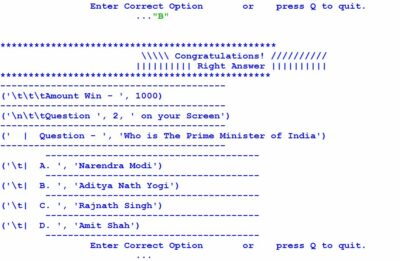 KBC Quiz Game in Python for Class 11 CBSE Python