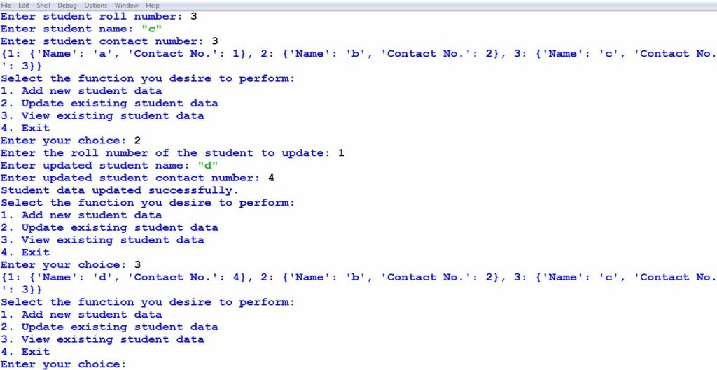 Enter Update and Display Student data in binary file