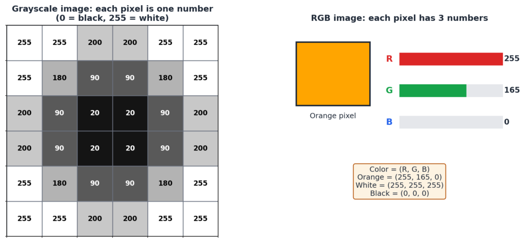 Grayscale pixel grid with values from 0 to 255 and an RGB pixel showing red, green and blue values